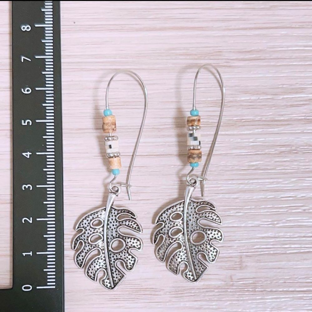 Turquoise Feather Dangle Drop Aesthetic Beads Boho Vintage Feather Leaf Earrings - Picture 5 of 5
